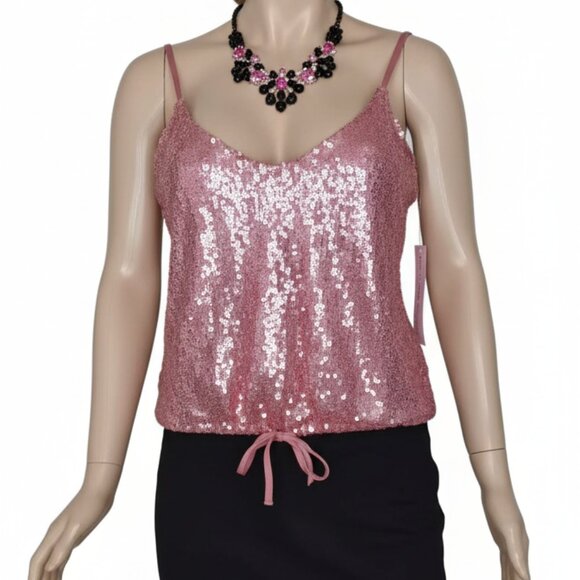 NWT Grave Fame Pink Sequin Camisole Top L | V-Neck | Adjustable Drawstring Waist - Picture 1 of 7